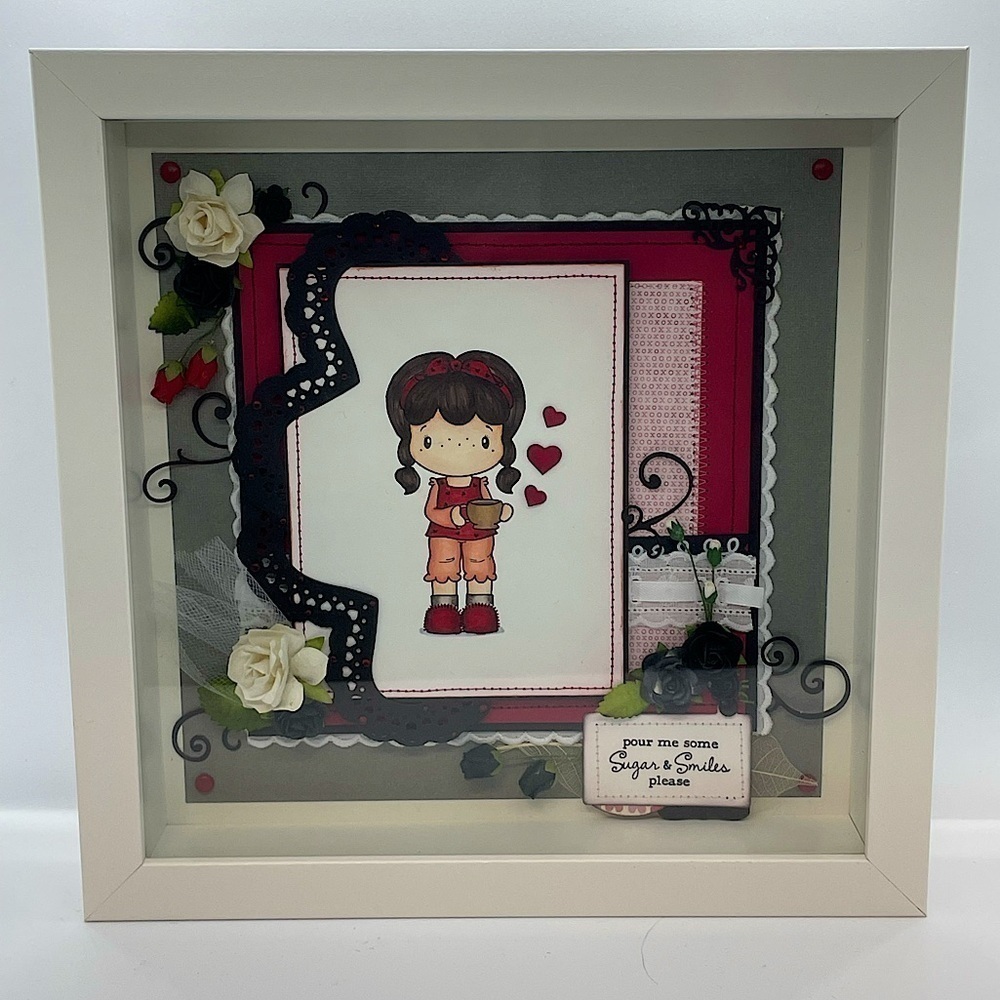 Handmade scrapbooked/stamped  vignette in shadow box framed decor 10”x10”.
